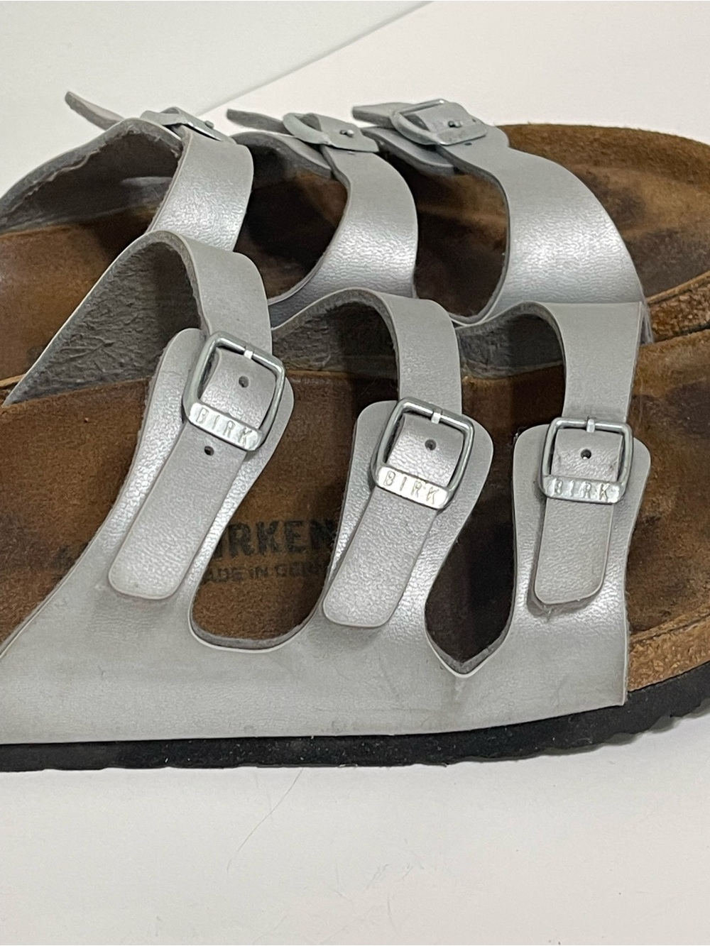 Birkenstock Florida Strappy Slide On Sandals Silver Metallic Suede Footbed Sz 40 - Picture 4 of 15